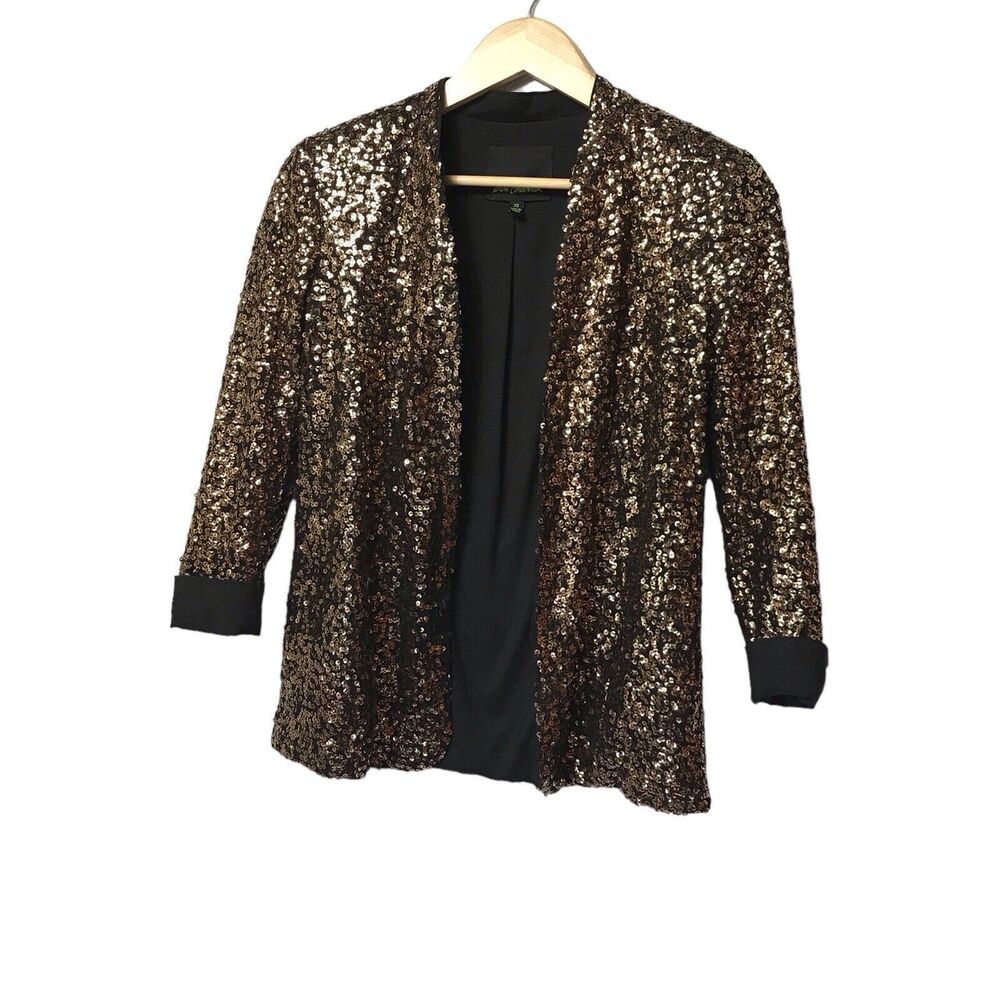 Sam Edelman Evening Brown Jacket Collared‎ Gold Sequin Open Front 3/4 Sleeve XS